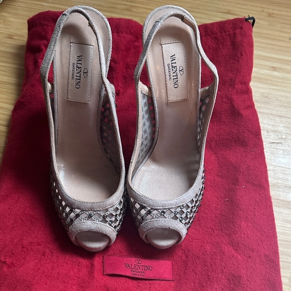 Valentino Beige Crystal Embellished Suede And Mesh Peep Toe Slingback Pumps